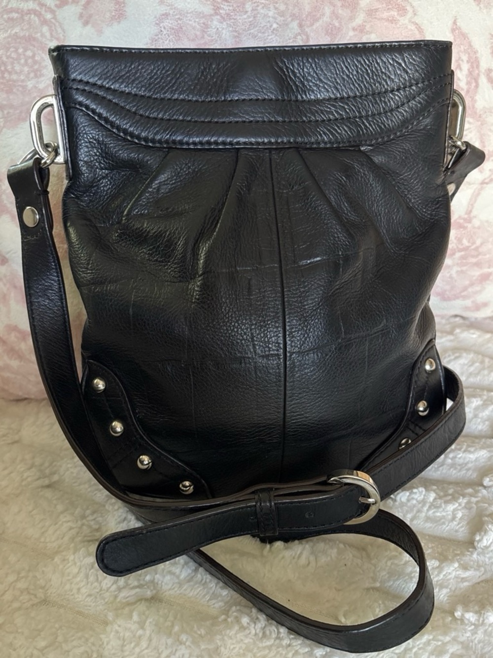 Y2K Black Pebbled Leather Studded Crossbody Bag  B. Makowsky Leopard Lining